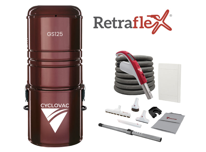 Cyclovac Central vacuum GS125 (with bag), including attachment kit 24V with 1 Retraflex retractable hose inlet, attachments and the installation kit