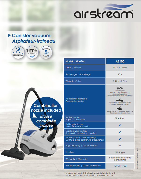 AS100 AirStream HEPA Canister Vacuum Cleaner TDPORT100 - MLvac.com