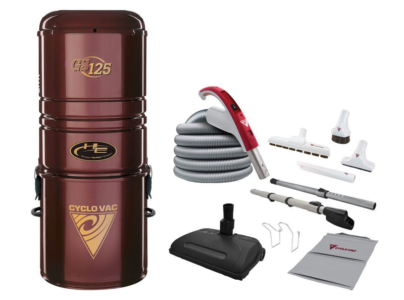 Cyclovac Central vacuum GS125 (with bag), including electric attachment kit 110/24V with Super Luxe brush 12", hose 35'